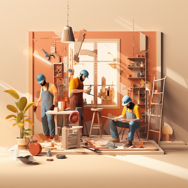 Сцена мультфильма 3D, изображающая множество людей, выполняющих несколько задач