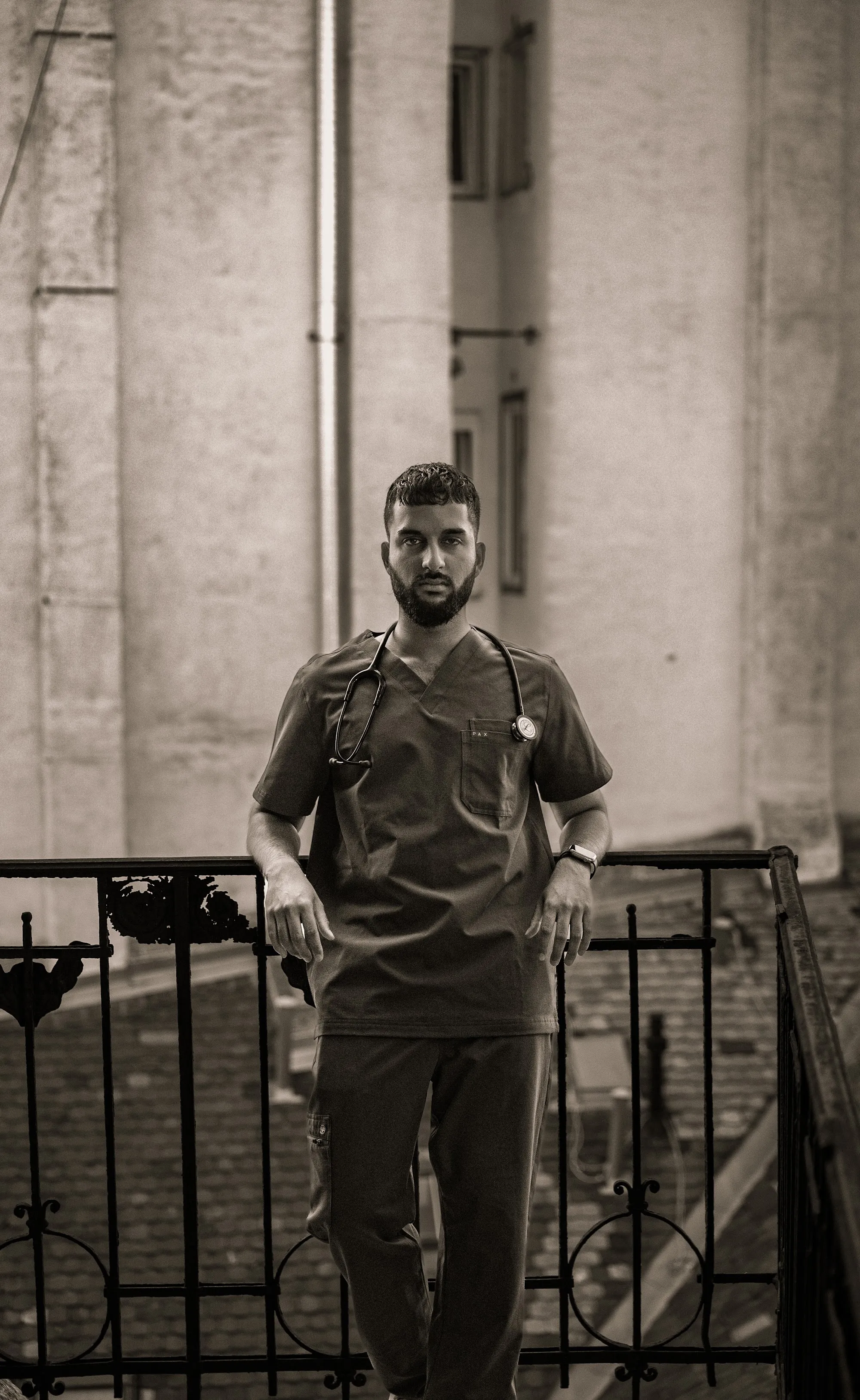 Zoubi in PAX Scrubs, black and white campaign portrait by GROOVE Media
