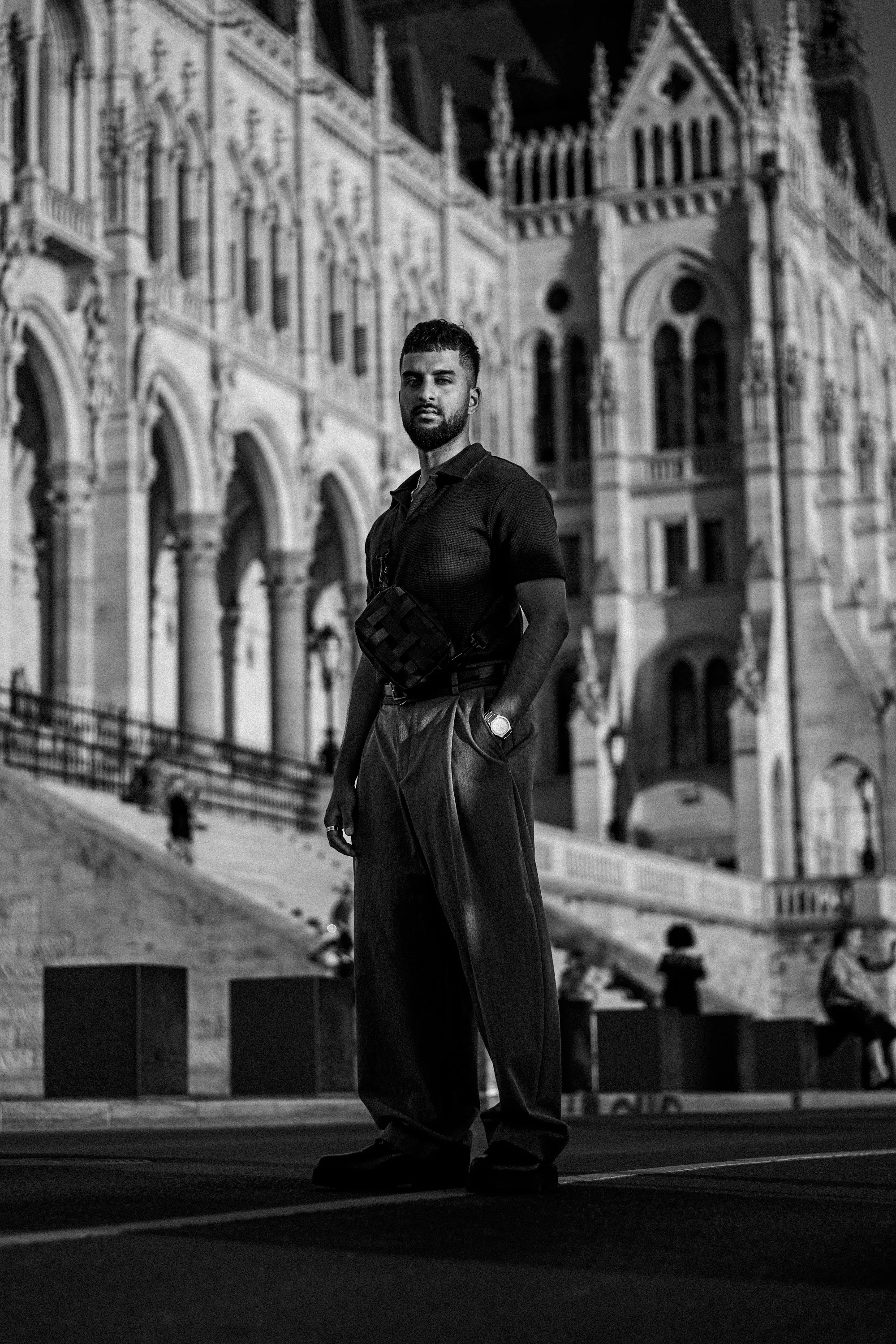 Model Zoubi in front of the Gothic facade of the Hungarian Parliament Building, Parliament Gold editorial by GROOVE Media