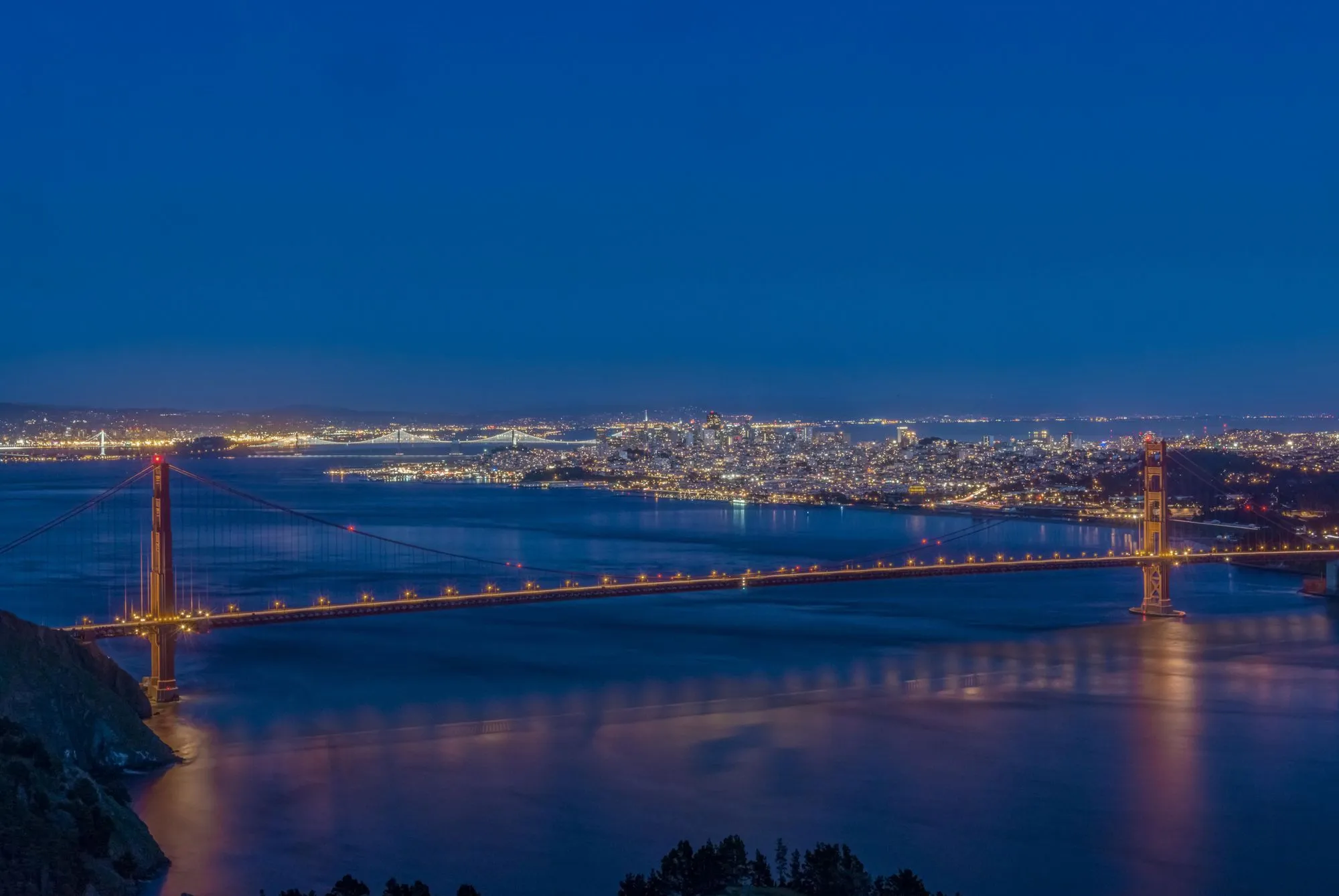 The Golden Gate Bridge and San Francisco skyline across the bay at blue hour