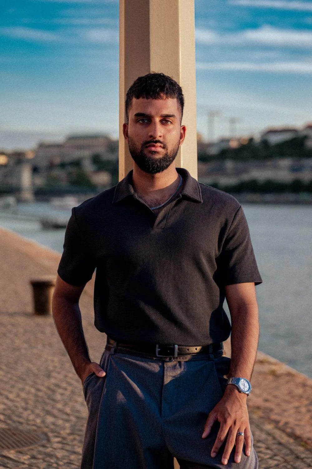 Model Zoubi by the Danube in Budapest at golden hour, Parliament Gold editorial