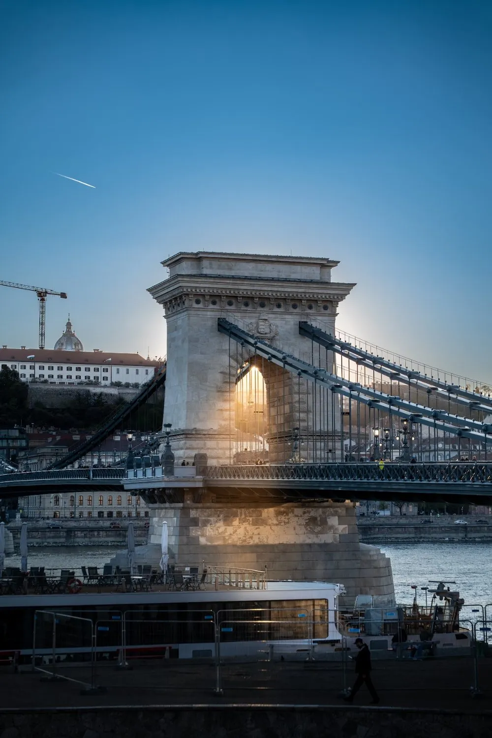 Chain Bridge tower lit at dusk, Budapest