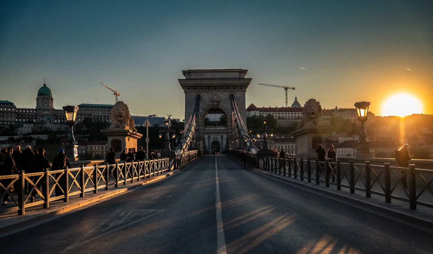 Sunset over the Chain Bridge roadway, Budapest