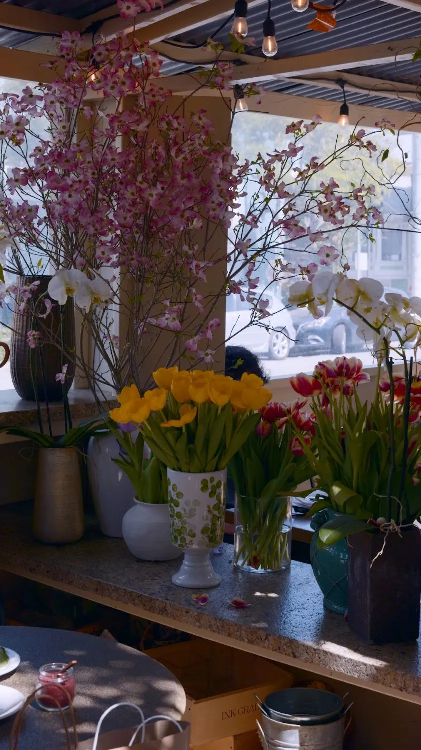 Tulips, orchids and dogwood branches on the patio counter at Lavash