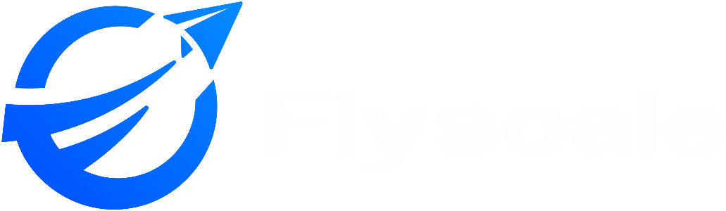 Flyscale company logo with a blue circular arrow and paper airplane design.