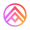 Circular logo with overlapping chevron shapes in gradient pink and orange colors.