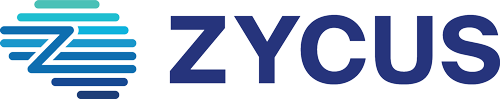 Zycus company logo with stylized blue and teal lined design to the left of the text