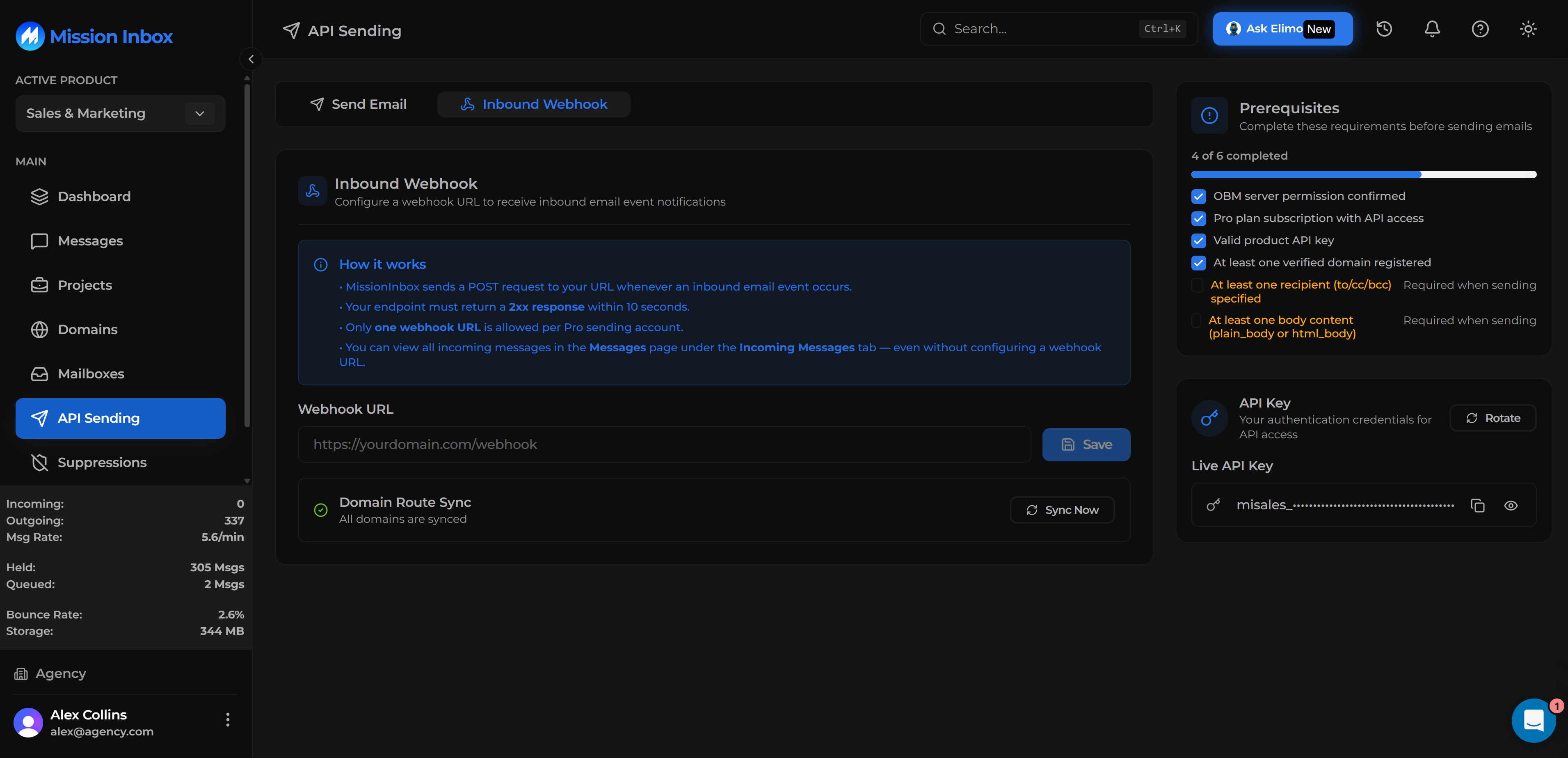 Mission Inbox API Sending page showing Inbound Webhook setup, prerequisites, and API key management.