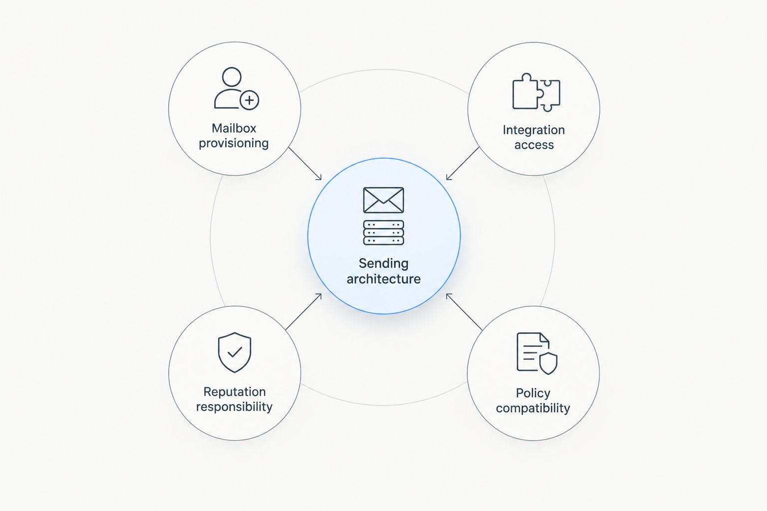 Sending architecture connected to mailbox provisioning, integration access, reputation responsibility, and policy compatibility