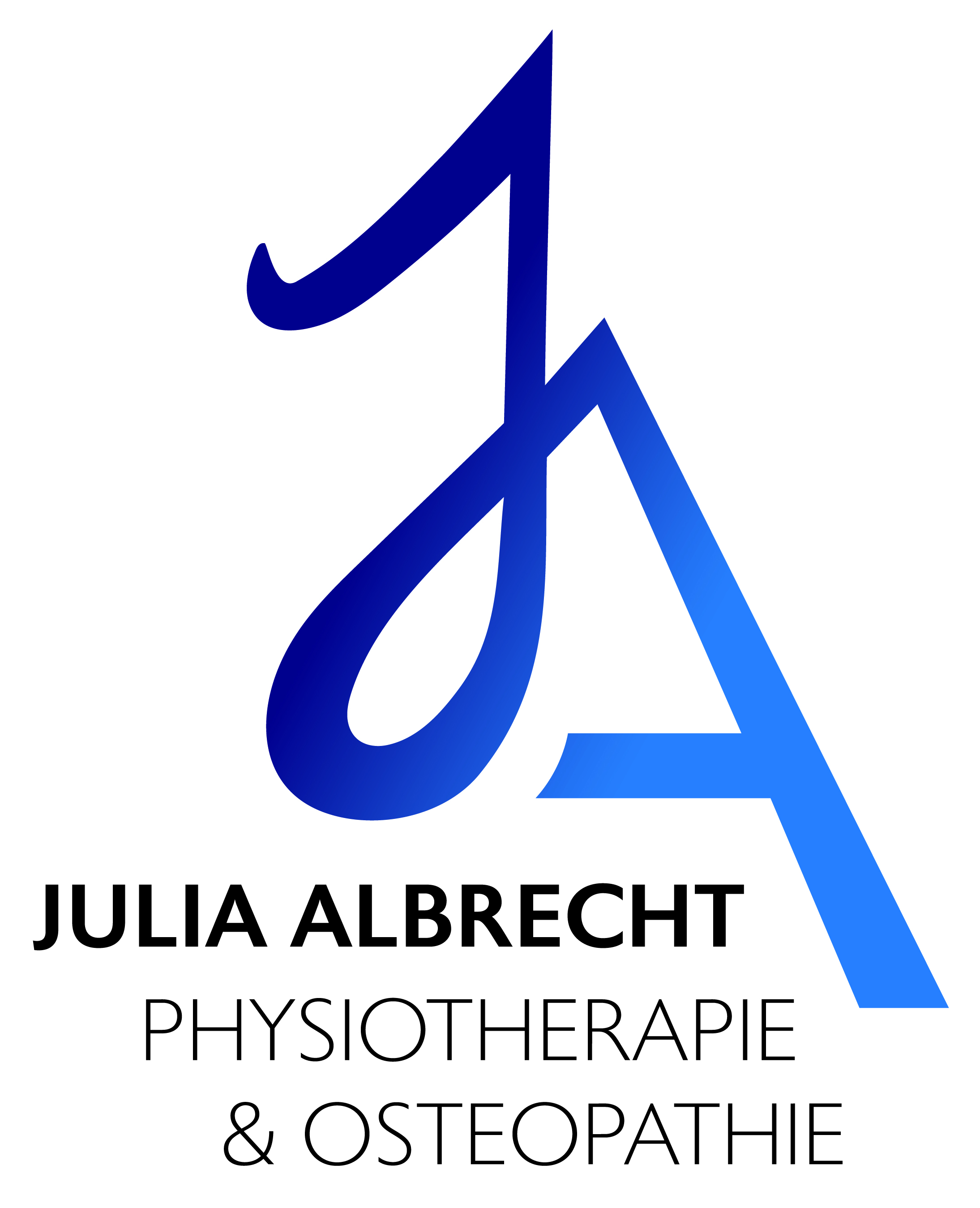Logo, das ein stilisiertes „J“ und „A“ in einem blauen Farbverlauf über dem Text „Julia Albrecht Physiotherapie & Osteopathie“ vereint.