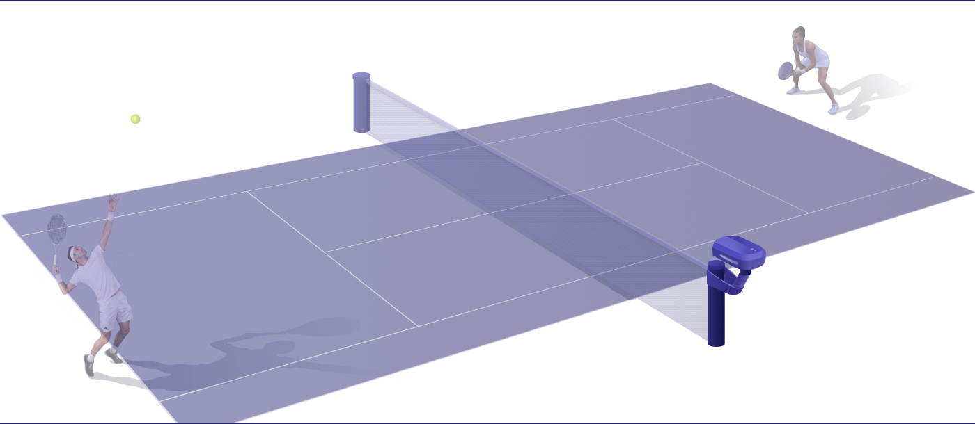 Woman in white outfit ready to hit a ball on a purple table tennis court with a net and paddle.