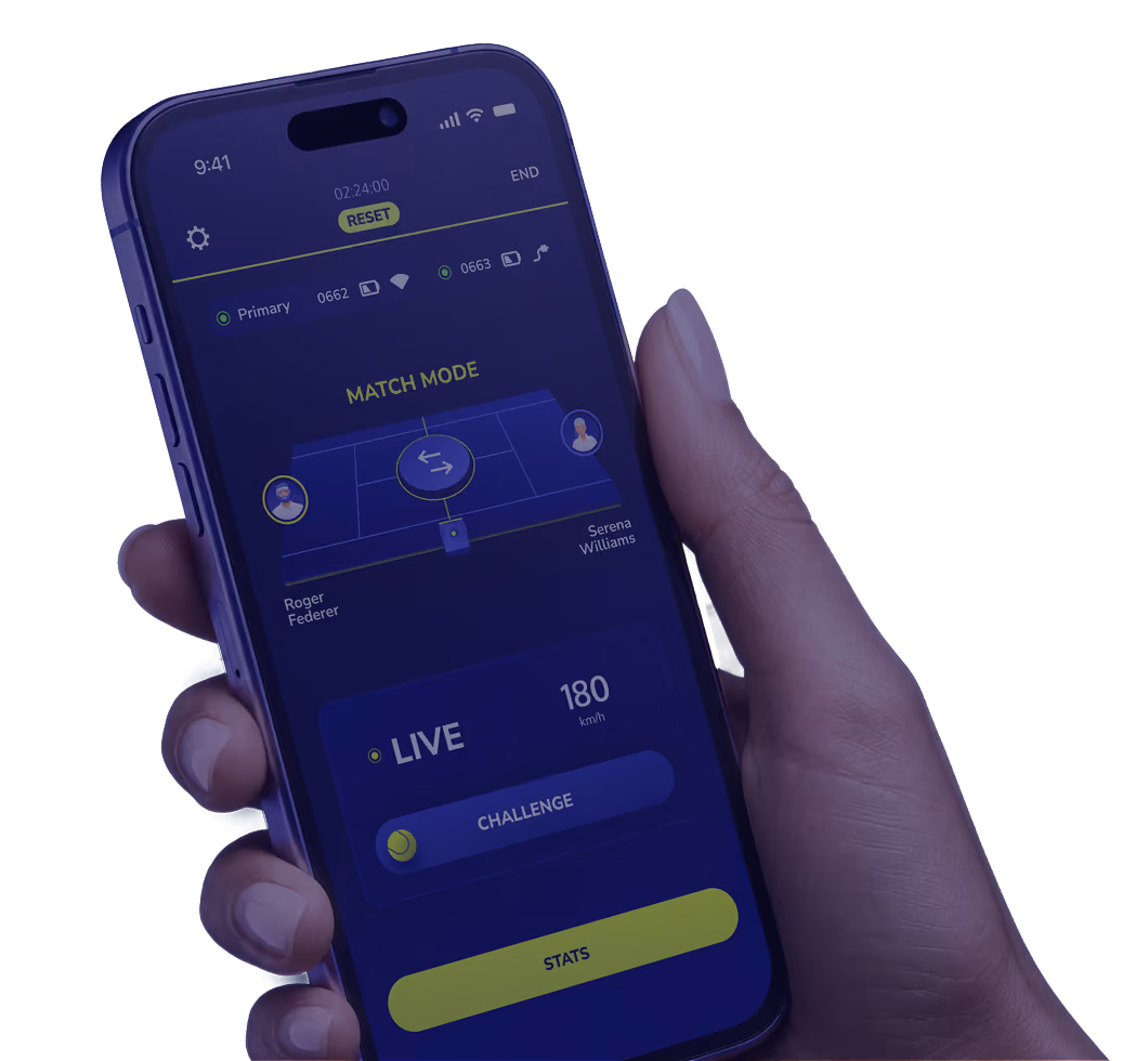 Hand holding phone showing tennis app with match mode, player names, live speed, challenge, and stats buttons.