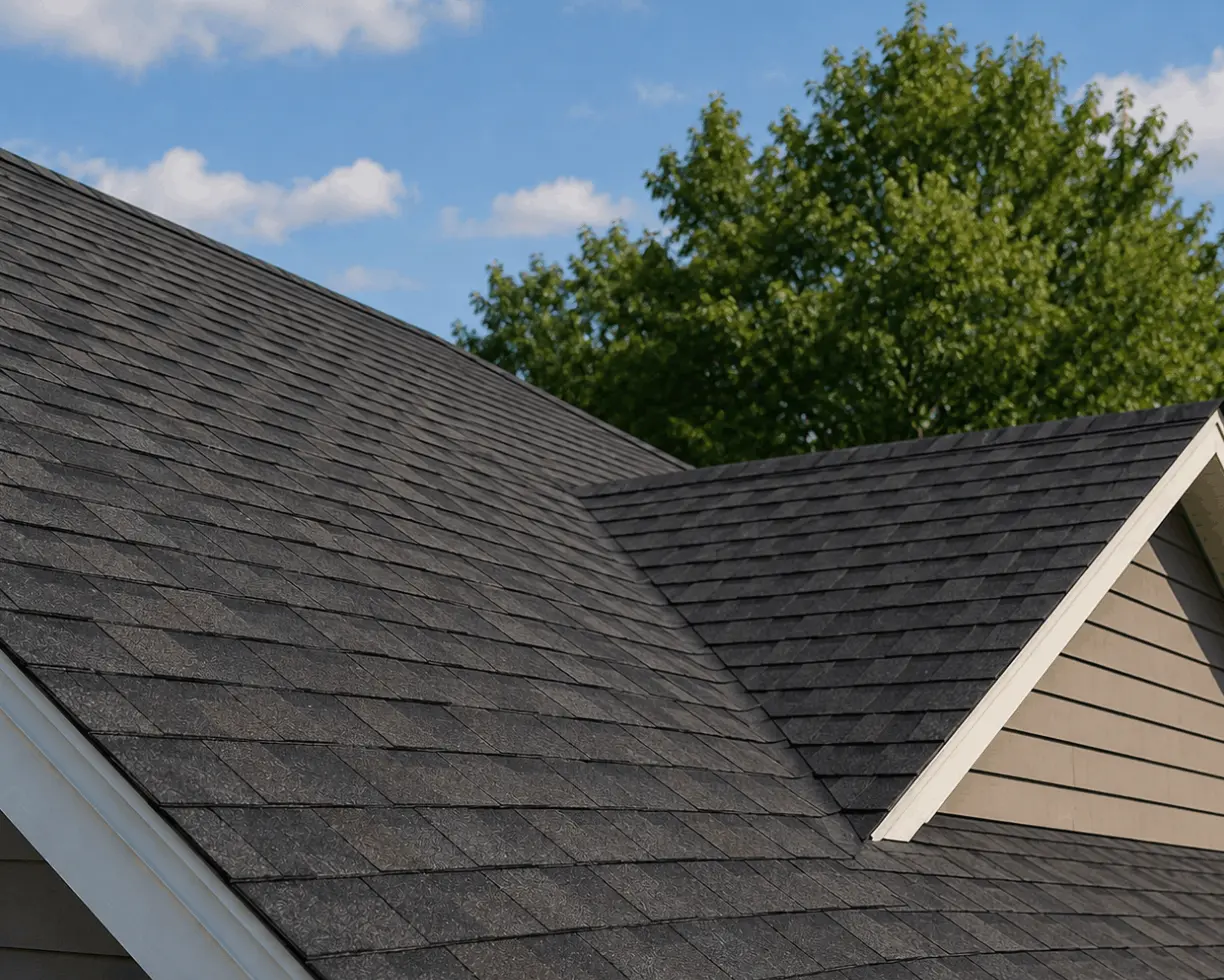 Dark grey architectural shingle roof with a valley and white gutter edge.