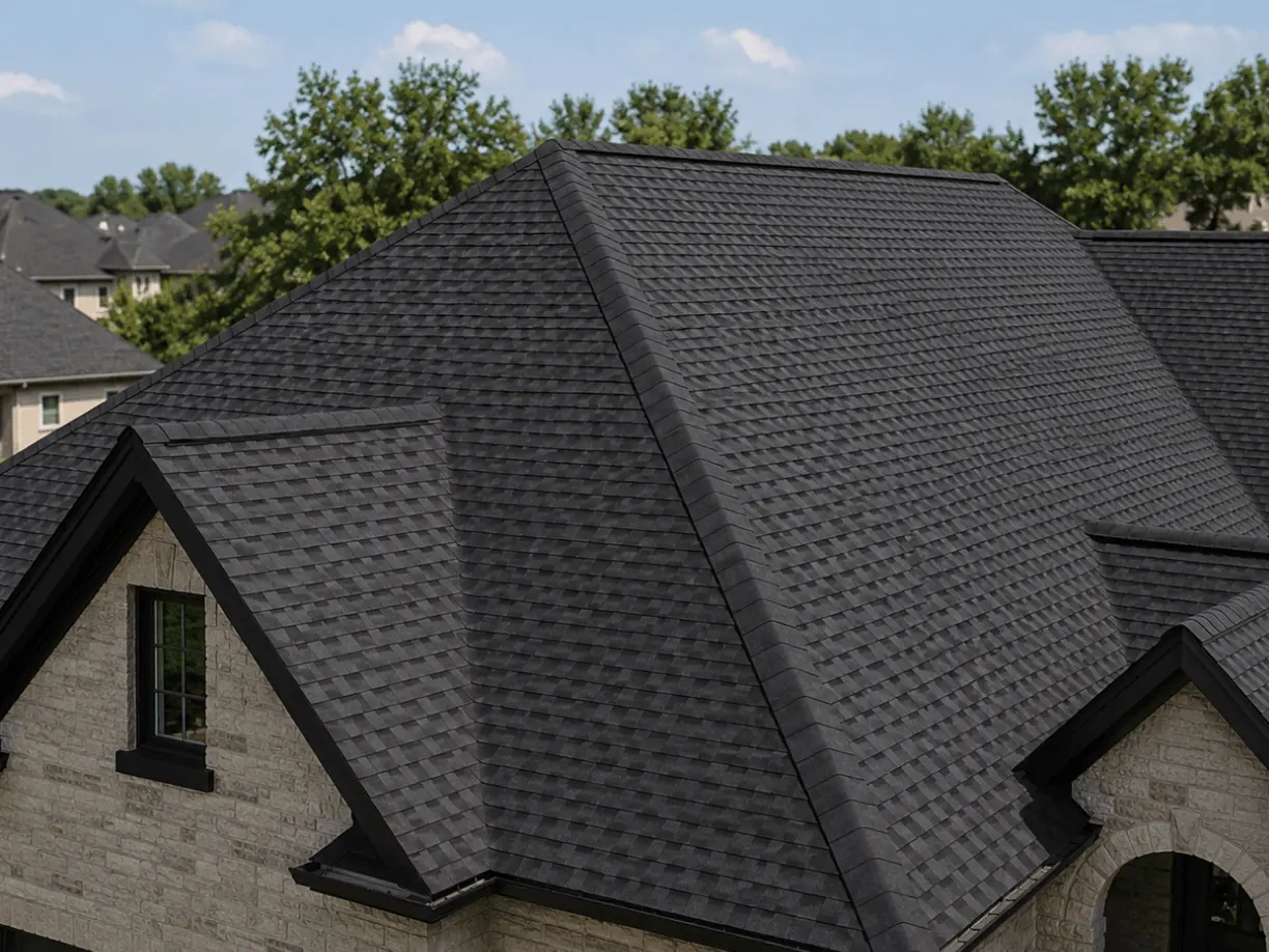 Charcoal shingle roof on a grey brick home with a front gable dormer.