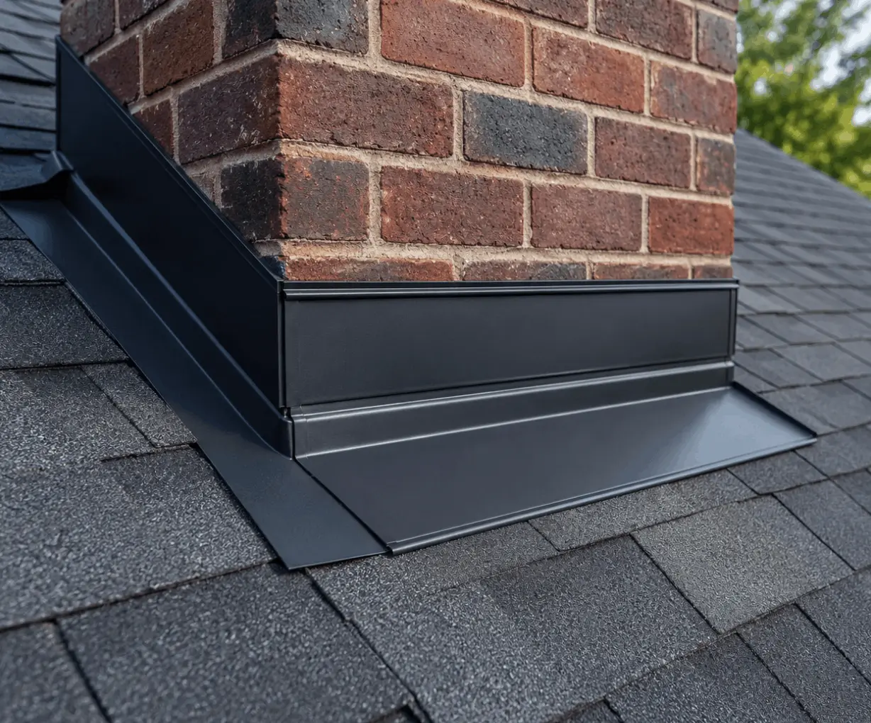 Flashing and flat membrane detail where a shingle roof meets a brick chimney.