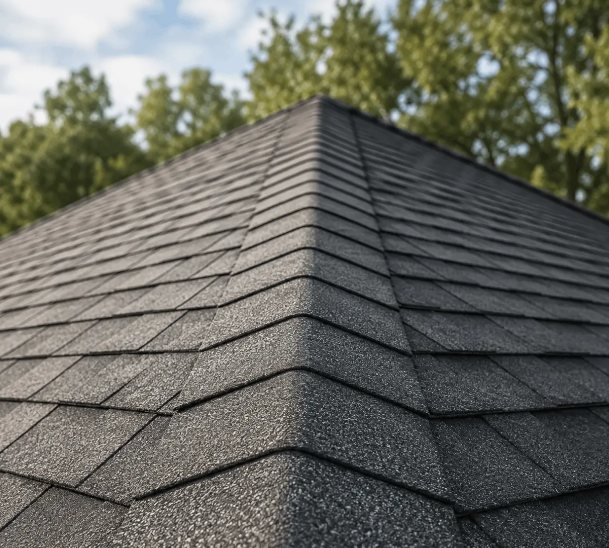 Grey shingle roof ridge with capping shingles running along the peak.