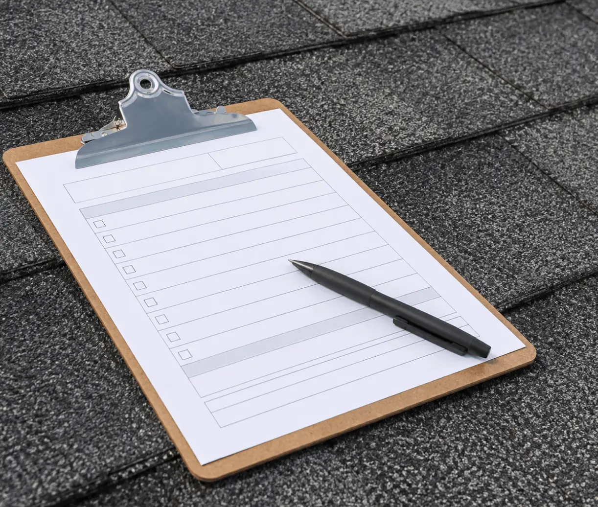 Clipboard and pen resting on a shingle roof during an estimate.