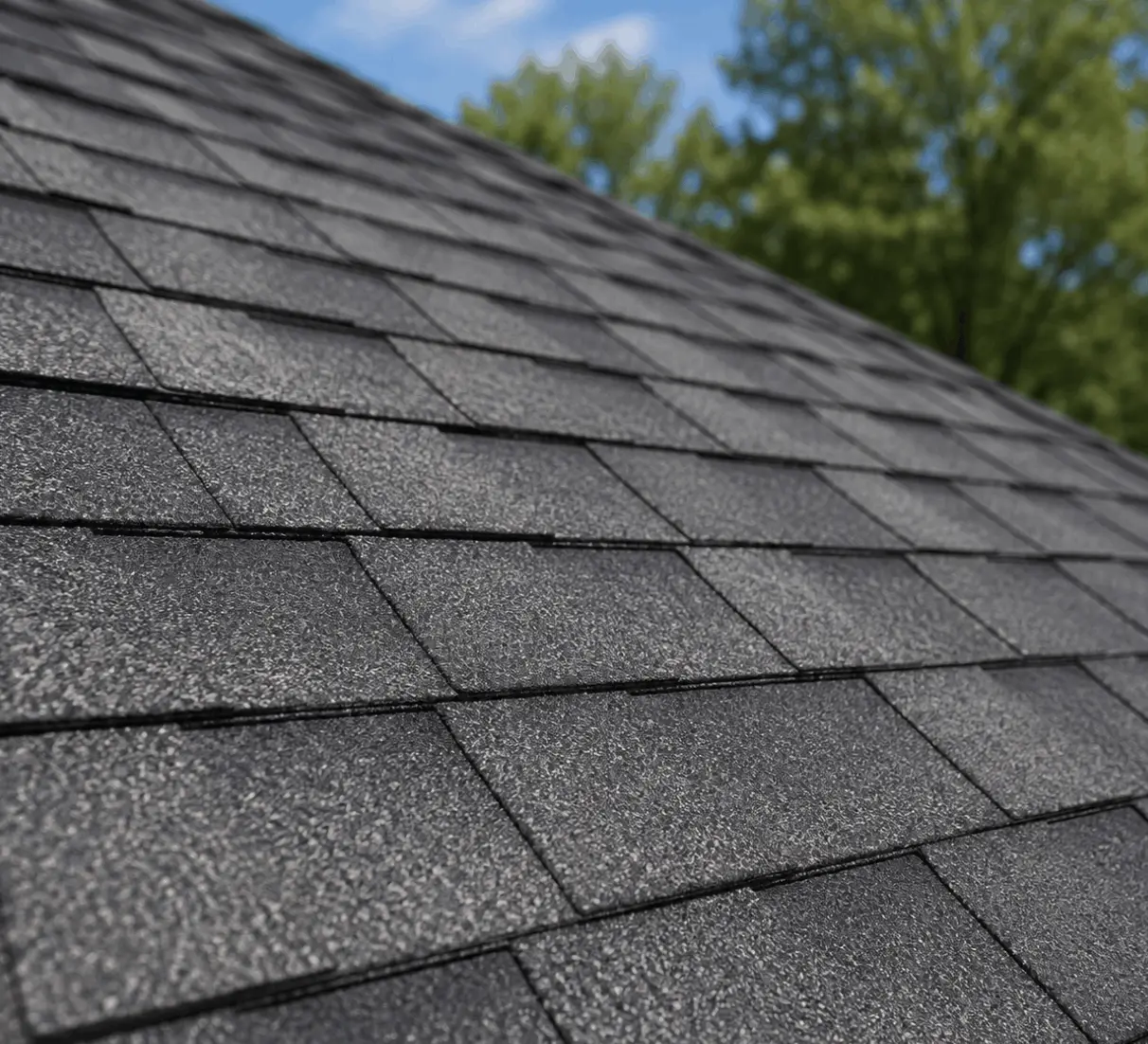 Close-up of grey architectural shingles showing the layered tab pattern.