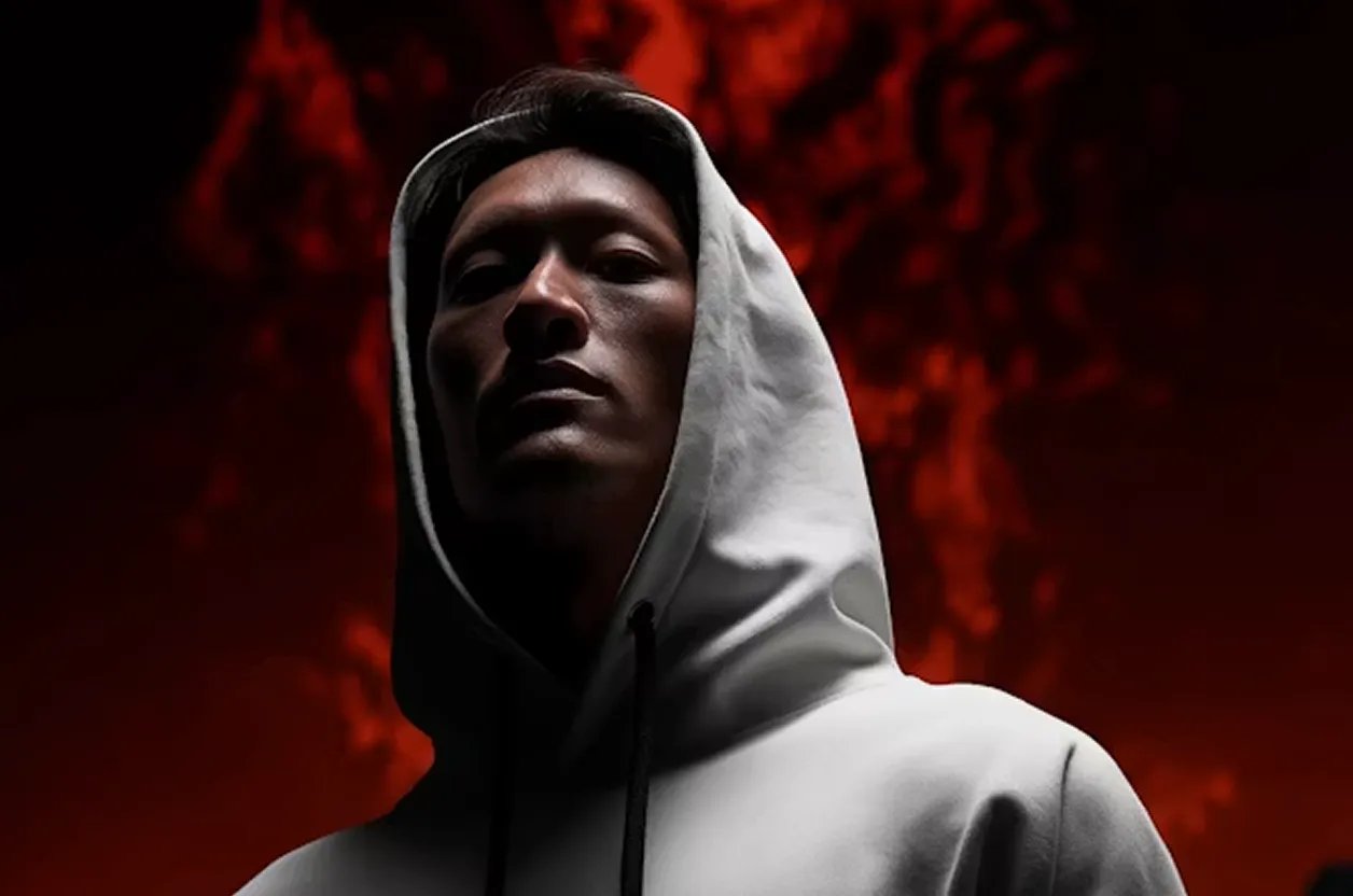 Person in a white hoodie with a dark shadowed face against a red and black background.