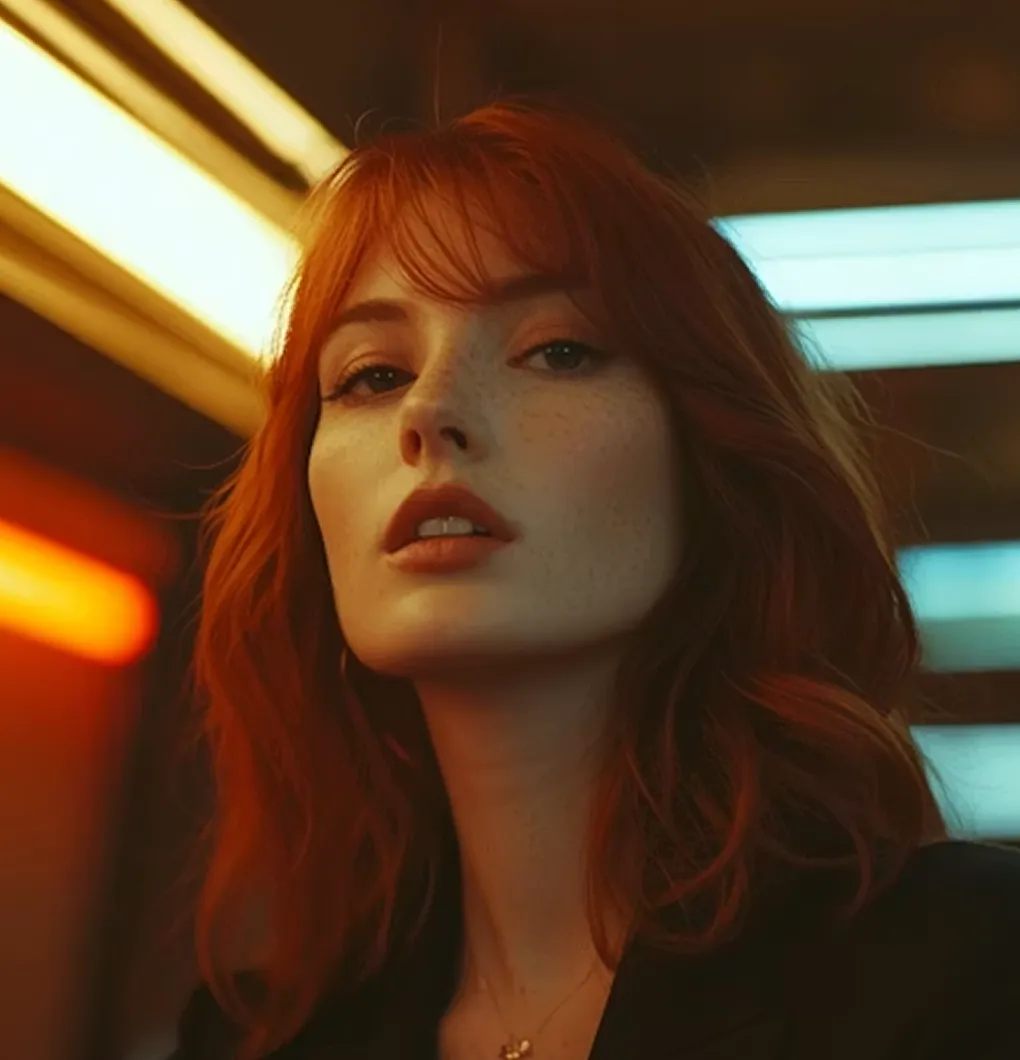 Close-up of a confident red-haired woman with freckles, looking slightly above the camera in warm lighting.