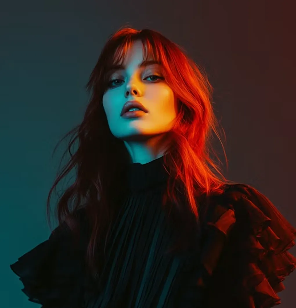 Woman with long red hair wearing a black ruffled top under blue and orange lighting.