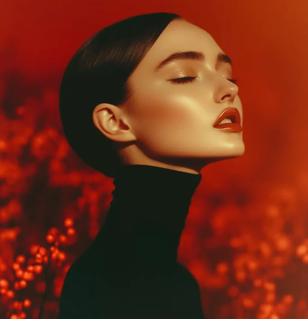 Side profile of woman with sleek hair, red lipstick, eyes closed, against a blurred red background.