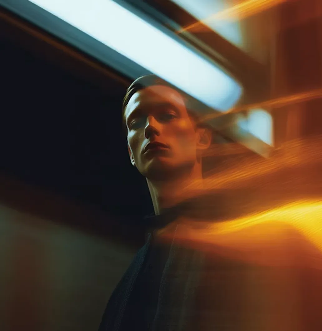 Portrait of a young man with slicked-back hair and orange light streaks in a dark setting.