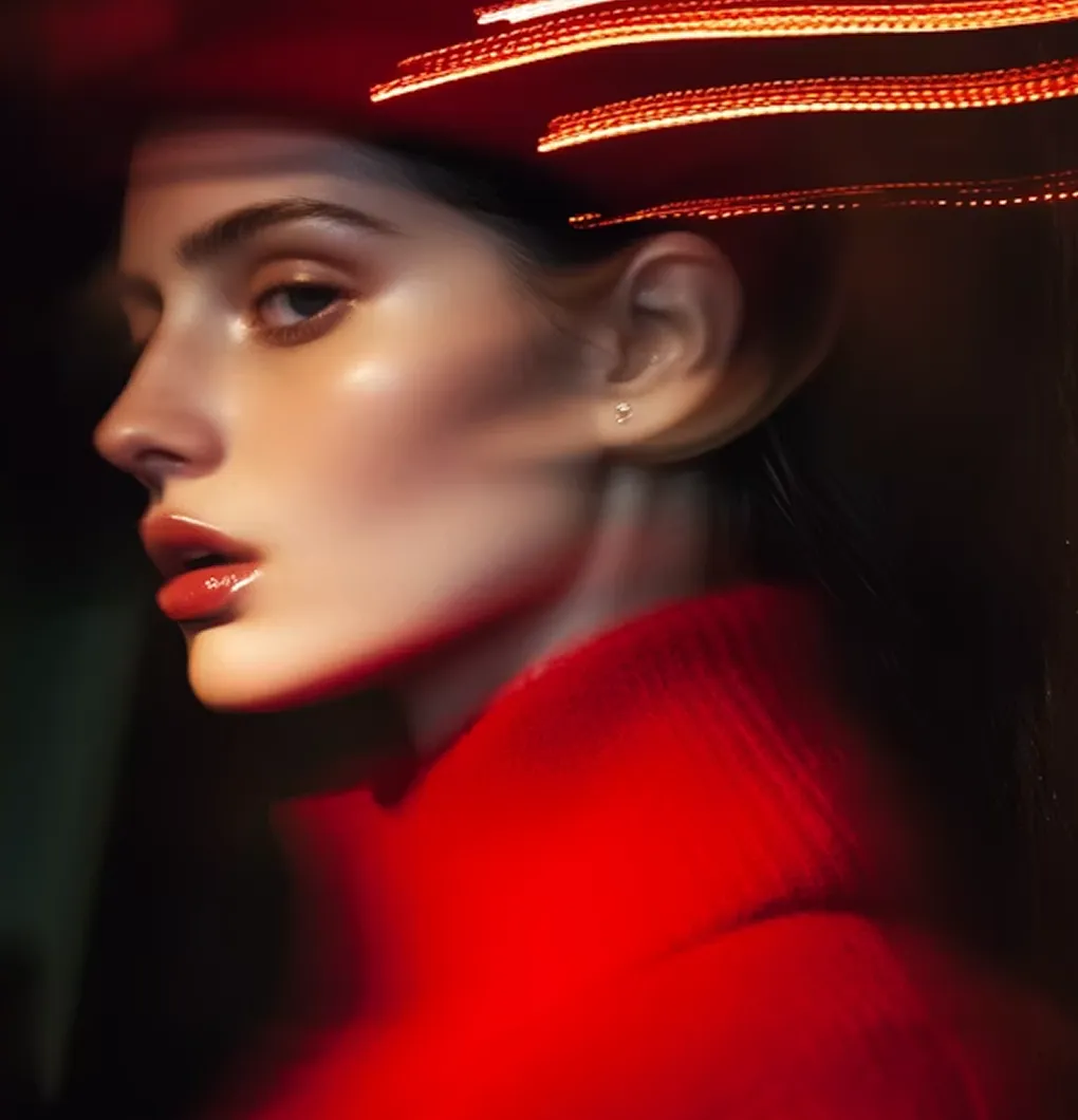 Portrait of a woman in a red sweater with blurred motion and red light streaks above her head.