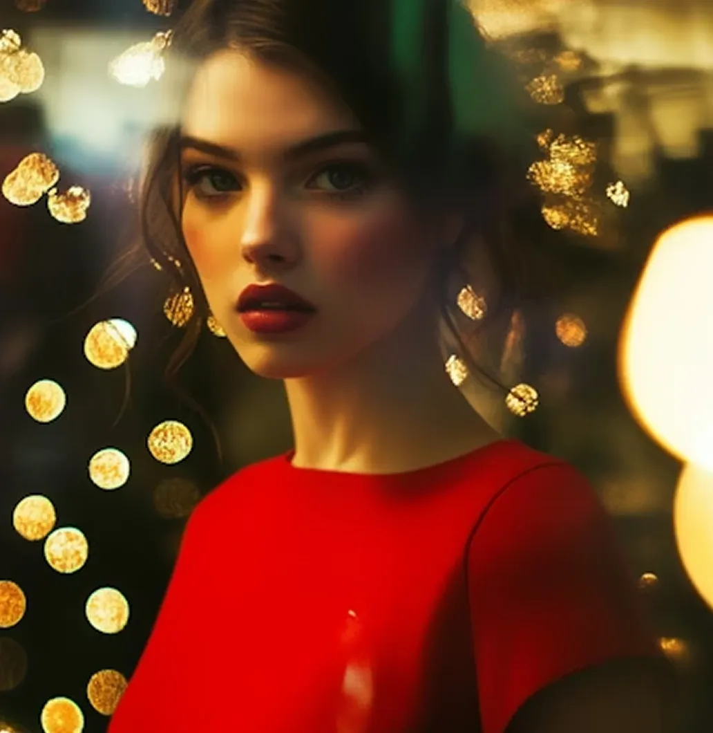 Portrait of a woman with dark hair wearing a red top against blurred warm bokeh lights.