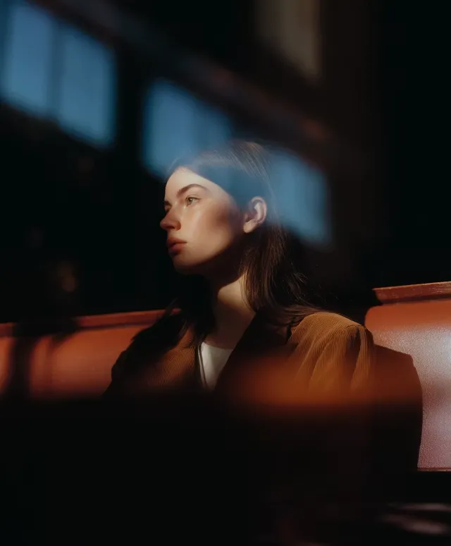 Young woman with long hair sitting in dim light near window, thoughtful expression in warm tones.