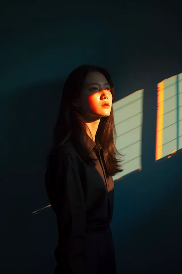 Young woman in dark clothes lit by sunlight through window blinds casting colorful shadows.