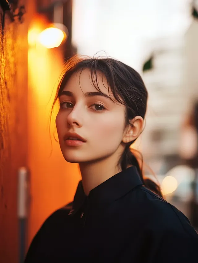 Young woman with dark hair and a black jacket stands near an orange wall with a glowing light.