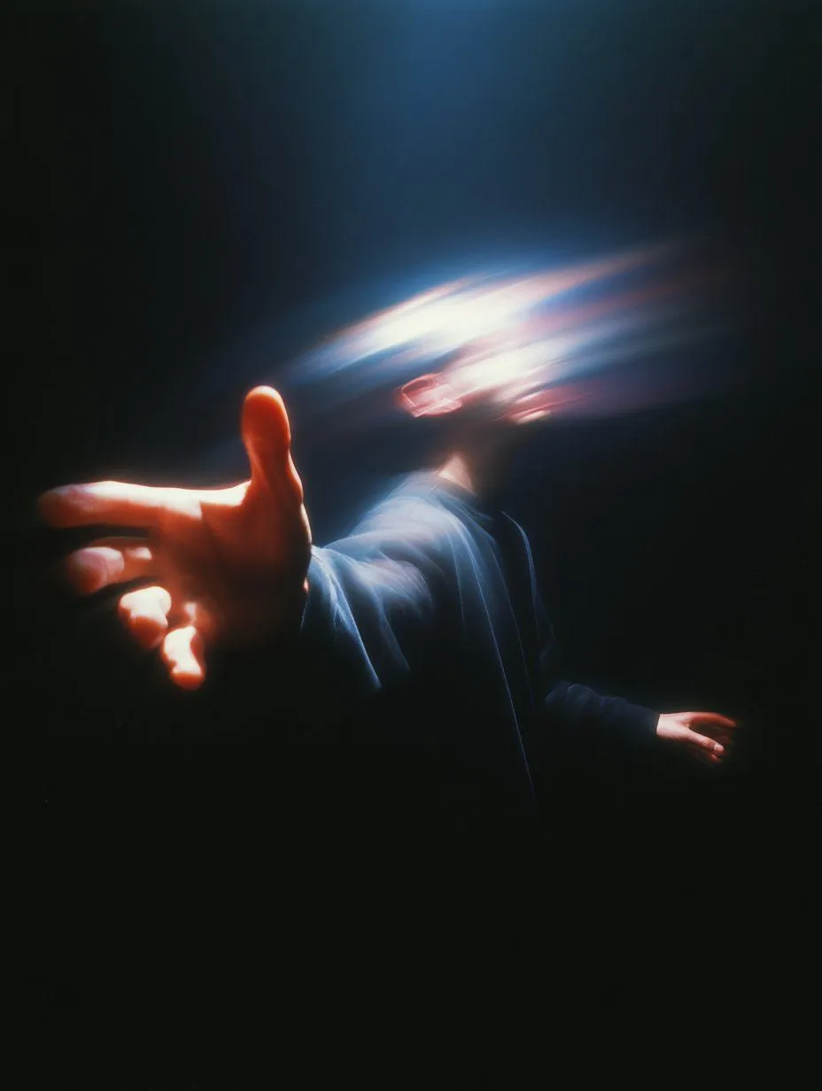 Person reaching out with hand, head blurred in long exposure effect, dark background.