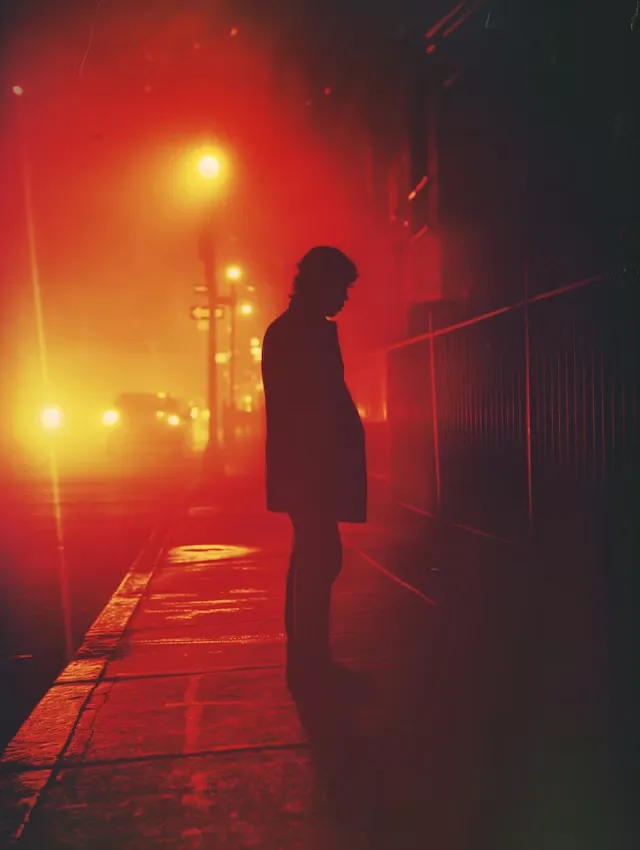 Silhouette of a person standing on a foggy street illuminated by bright red and yellow lights.