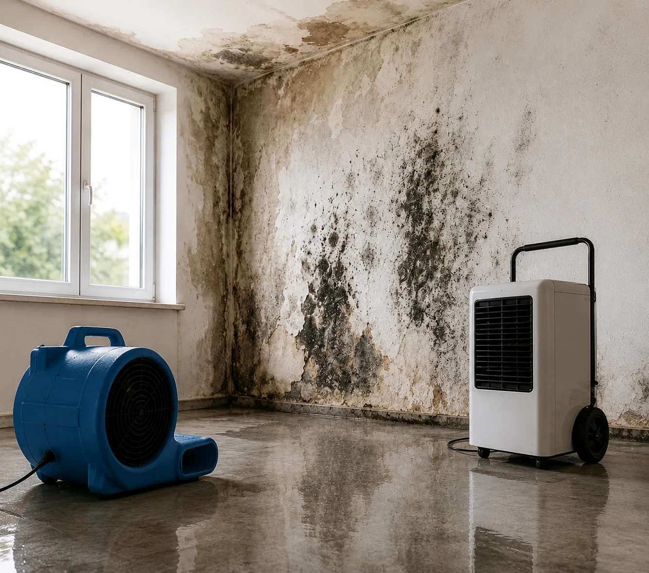 Innenwand mit Wasserschaden und Schimmelbefall vor der Sanierung