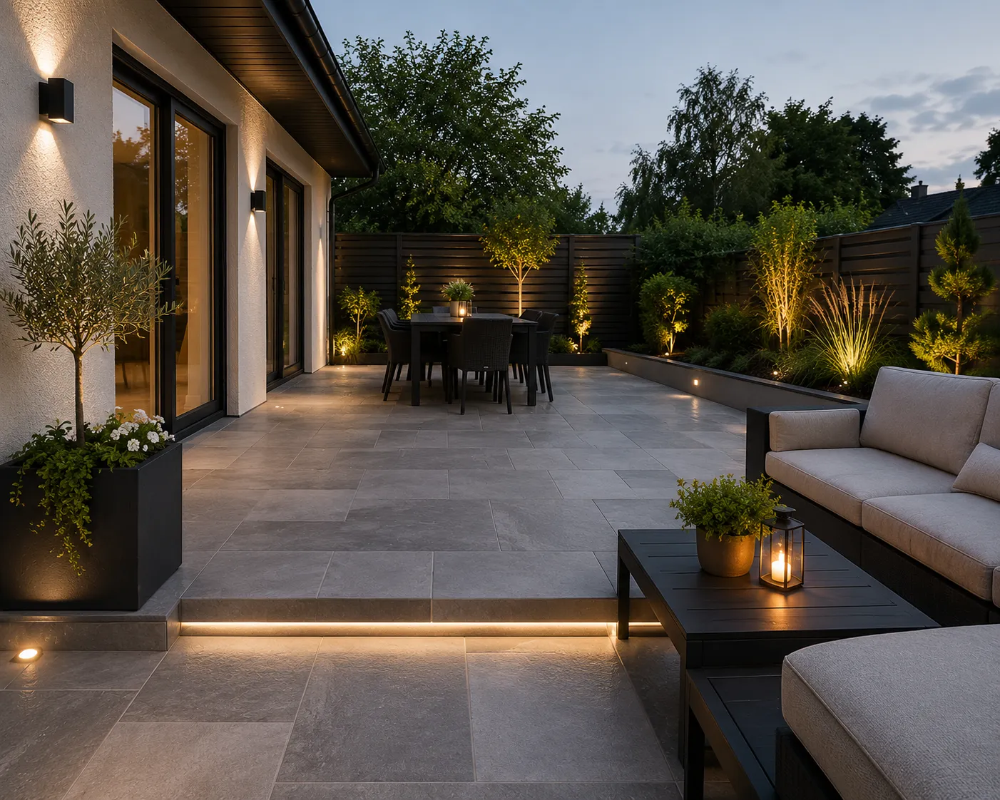 Hochwertig gestaltete Terrasse mit Abendbeleuchtung