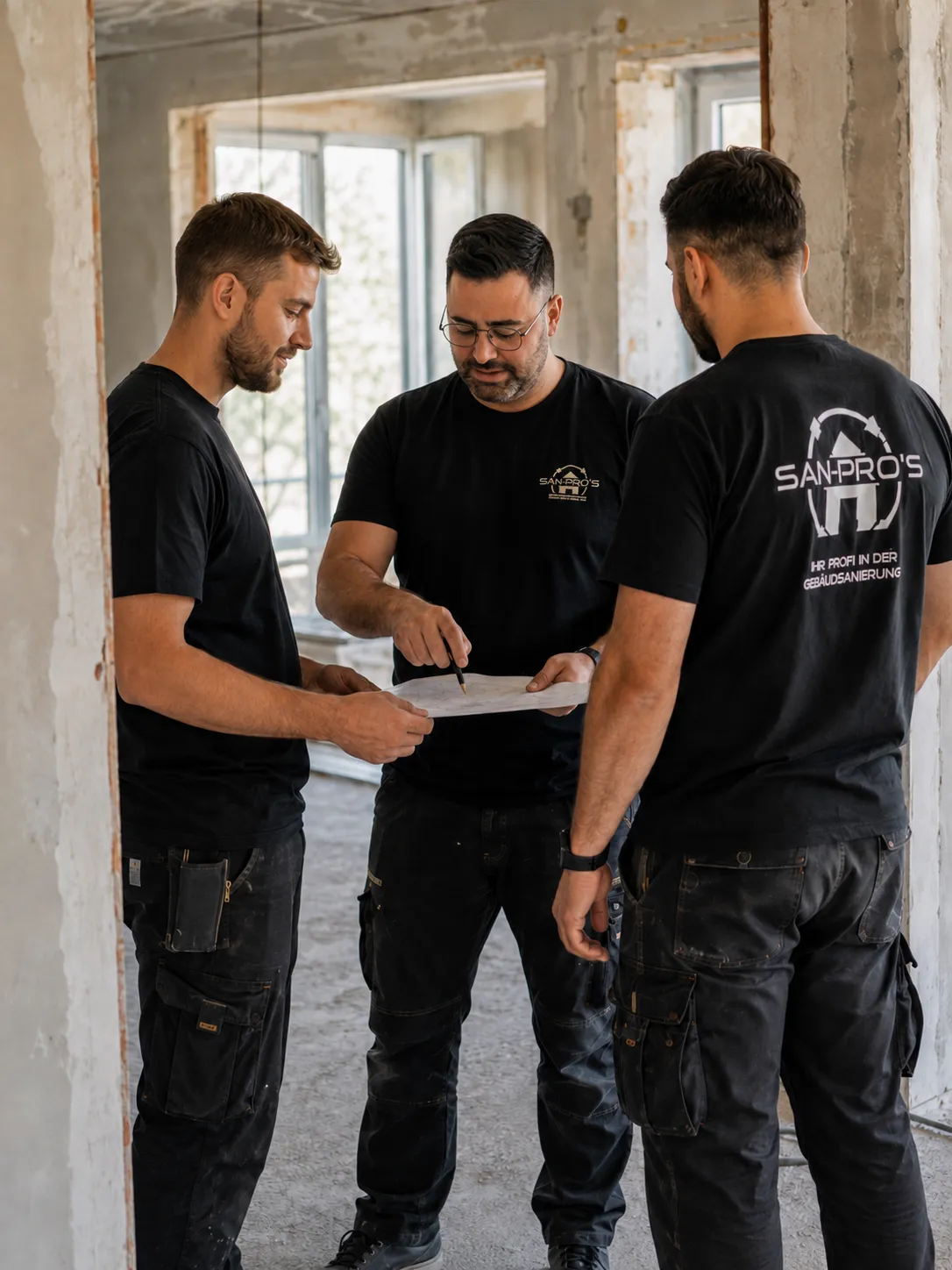 Drei Mitarbeiter von San-Pro's besprechen einen Bauplan auf der Baustelle