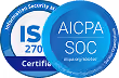 Two security certification badges: ISO 27001 and AICPA SOC standards logos.