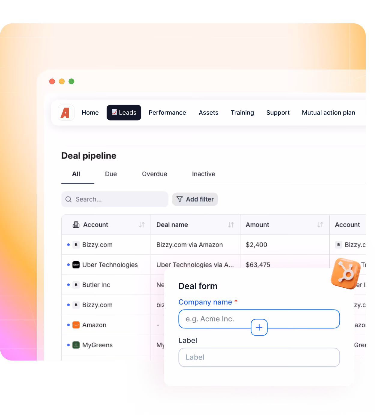 Software interface showing a deal pipeline table and a deal form to add company name and label.