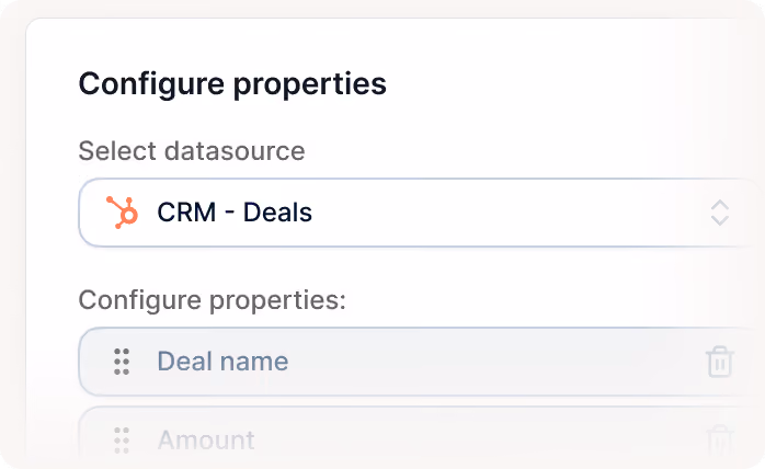 User interface showing configuration settings for selecting CRM Deals datasource and deal name property.