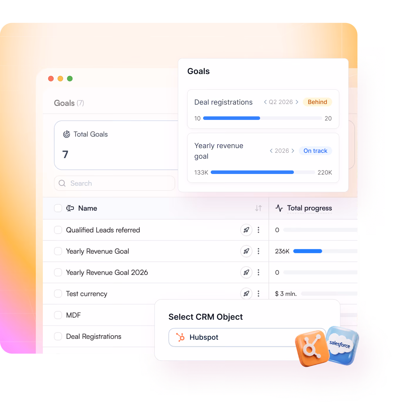 Dashboard showing partner goals tracking with progress bars for deal registrations and revenue goals for 2026.