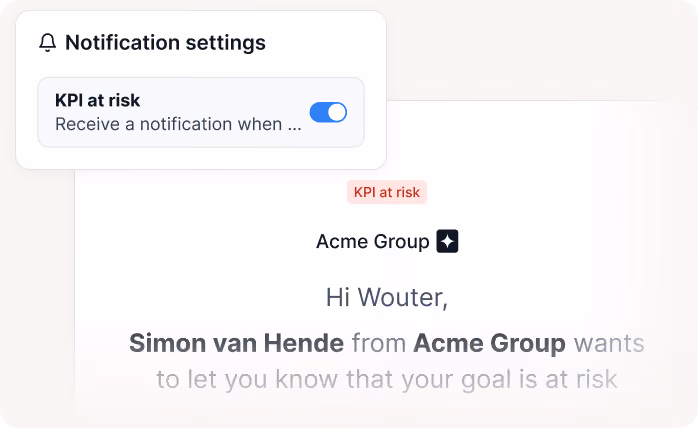 Notification from Acme Group alerts Wouter that Simon van Hende says the goal is at risk.