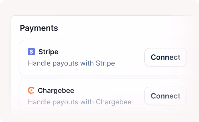 Payment options for Stripe and Chargebee with buttons labeled Connect for each.