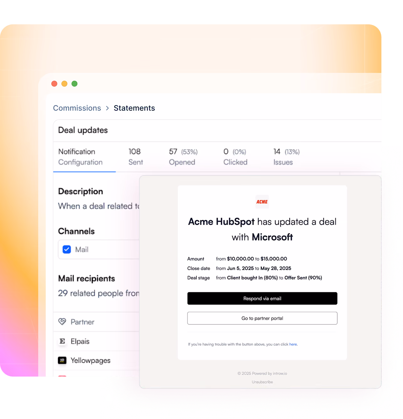 Dashboard of deal updates showing notifications sent, opened, and a popup about Acme HubSpot updating a deal with Microsoft.