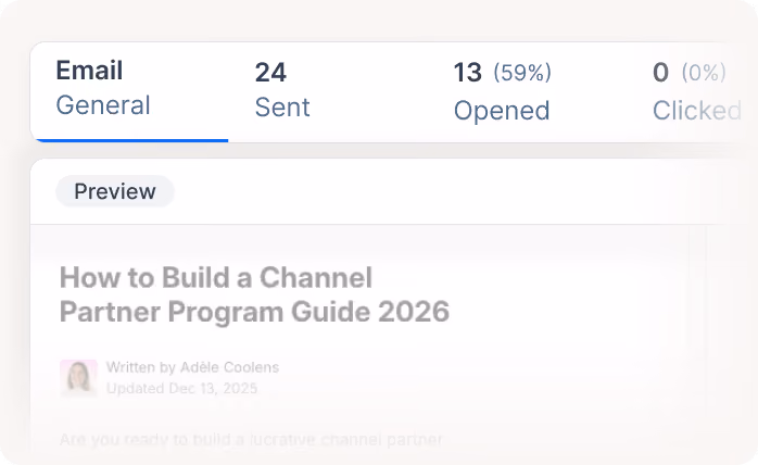 Email campaign stats showing 24 sent, 13 opened (59%), and 0 clicked (0%) for a channel partner guide.