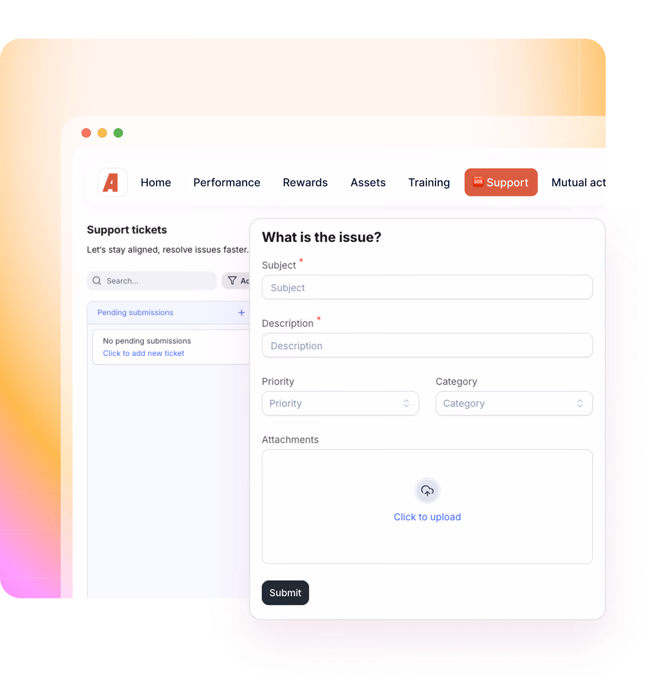 User interface showing a support ticket form with fields for subject, description, priority, category, and attachments.