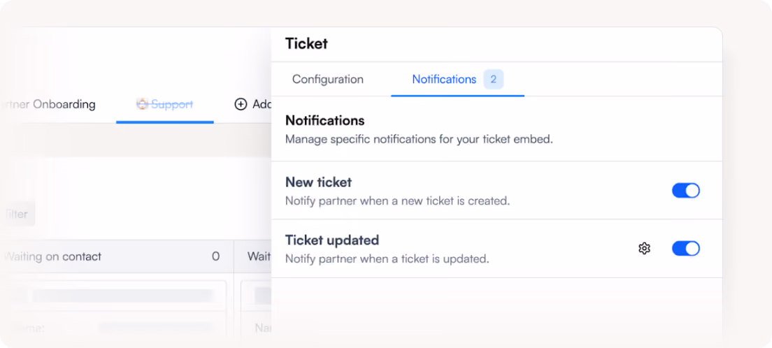 Ticket notification settings showing toggles for new ticket and ticket updated alerts.