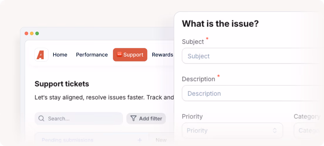 Screen of a support ticket form asking for issue subject, description, and priority selection.