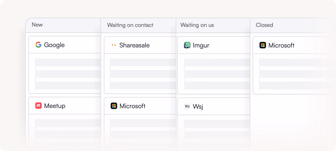 Kanban board showing columns New, Waiting on contact, Waiting on us, Closed with company logos in each column.