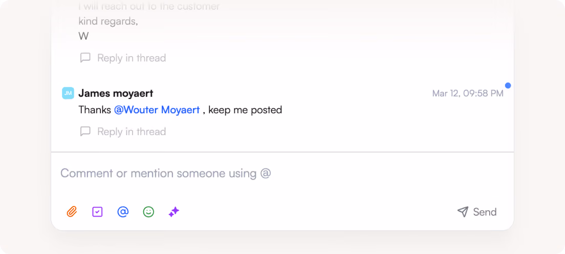 Chat interface showing a message from James Moyaert thanking Wouter Moyaert and asking to keep him posted.